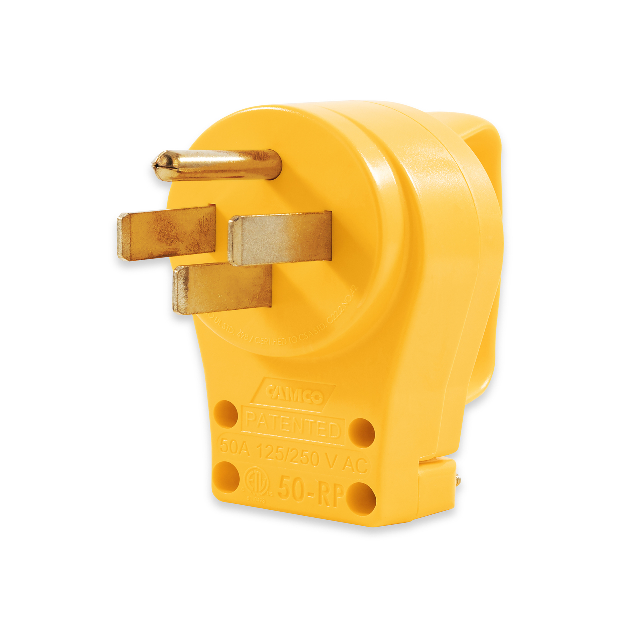 Camco Power Grip RV Replacement Male Plug — 50 Amp RV Plug (NEMA 14-50P) for Existing RV Power Cord 50Amp — Rated for 125-250V/12500W — Features Ergonomic Power Grip Handle